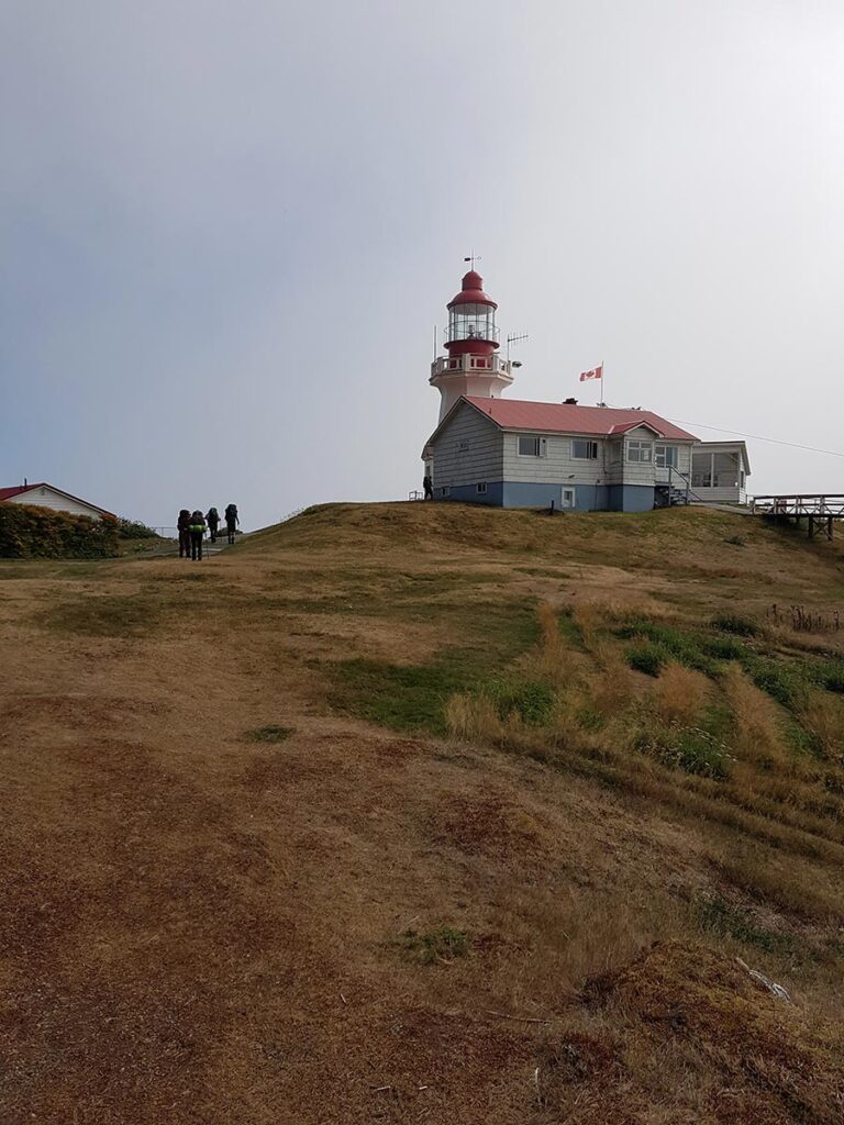 A lighthouse on a hill in cloudy weather